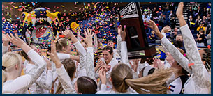 Big Sky Regular Season Championship Trophy held up by the team while confetti falls