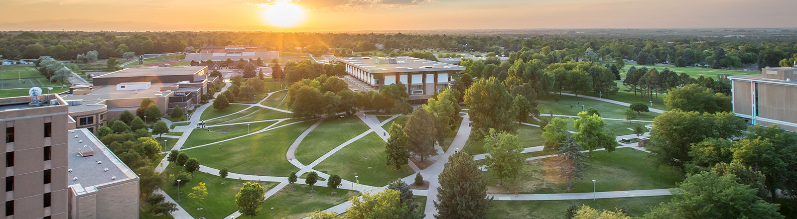 Aerial view of campus from the top of Lawrenson Hall