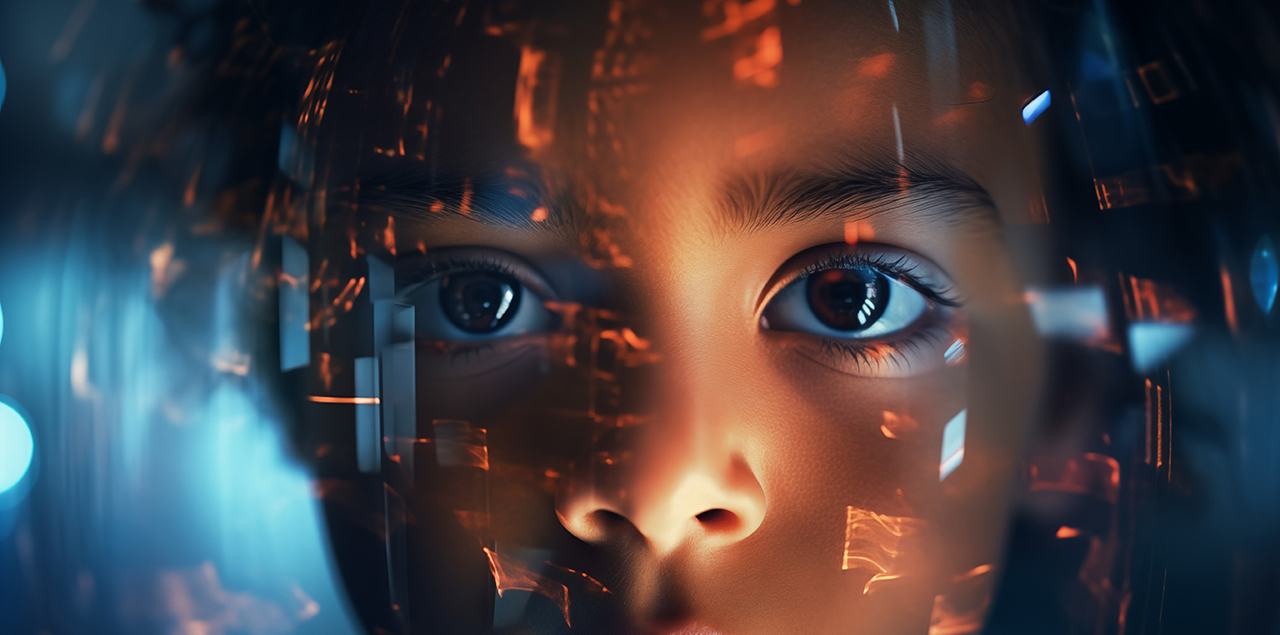 Close up of a child's face surrounded by lights and shapes. 