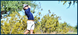 A men's golf student-athlete in a full back swing