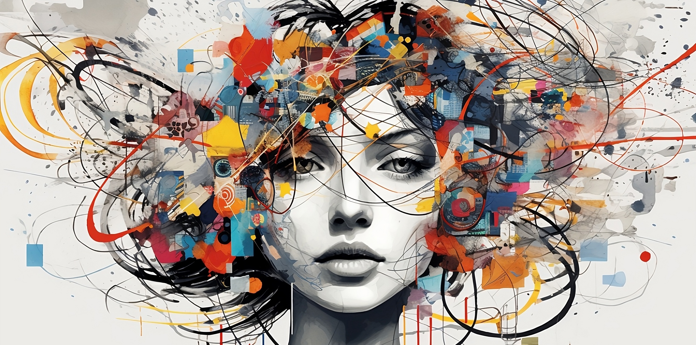 illustration of colorful lines, swirls and boxes surrounding an image of a computer generated female head