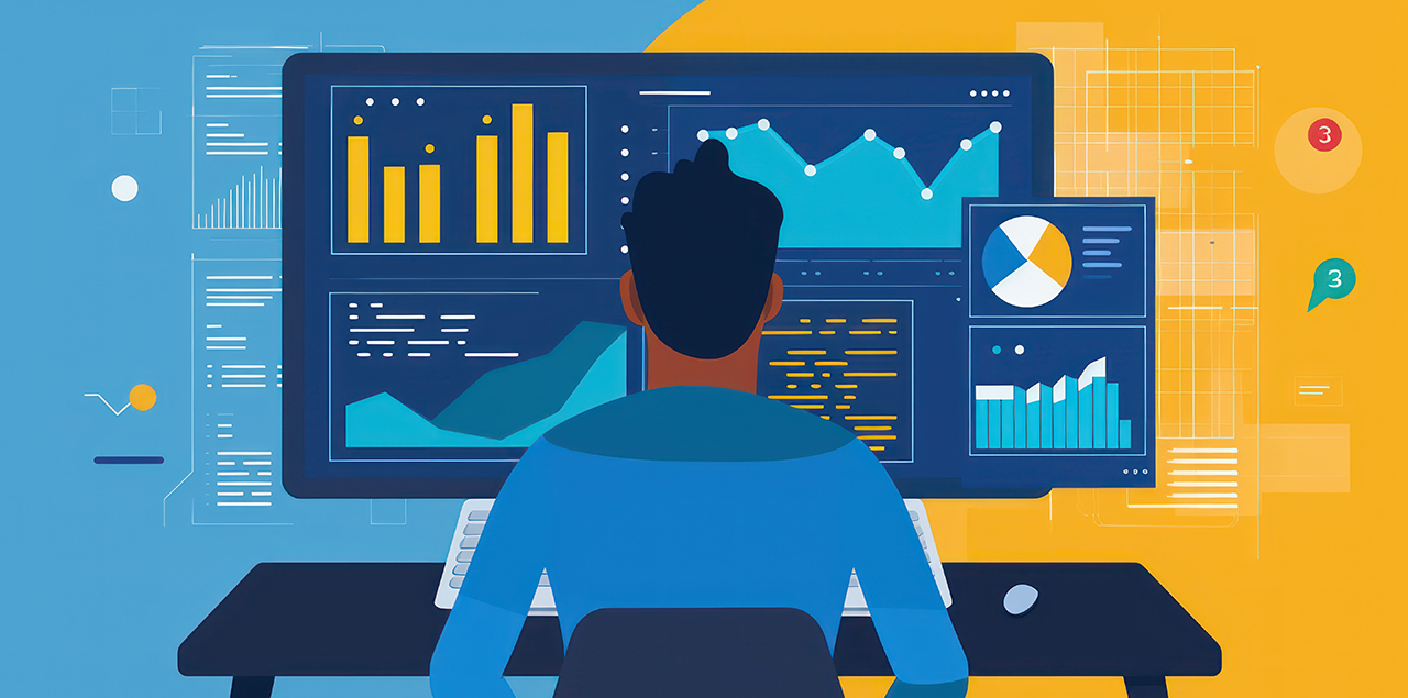 Graphic image of a person sitting in front of several computer screens analyzing data.