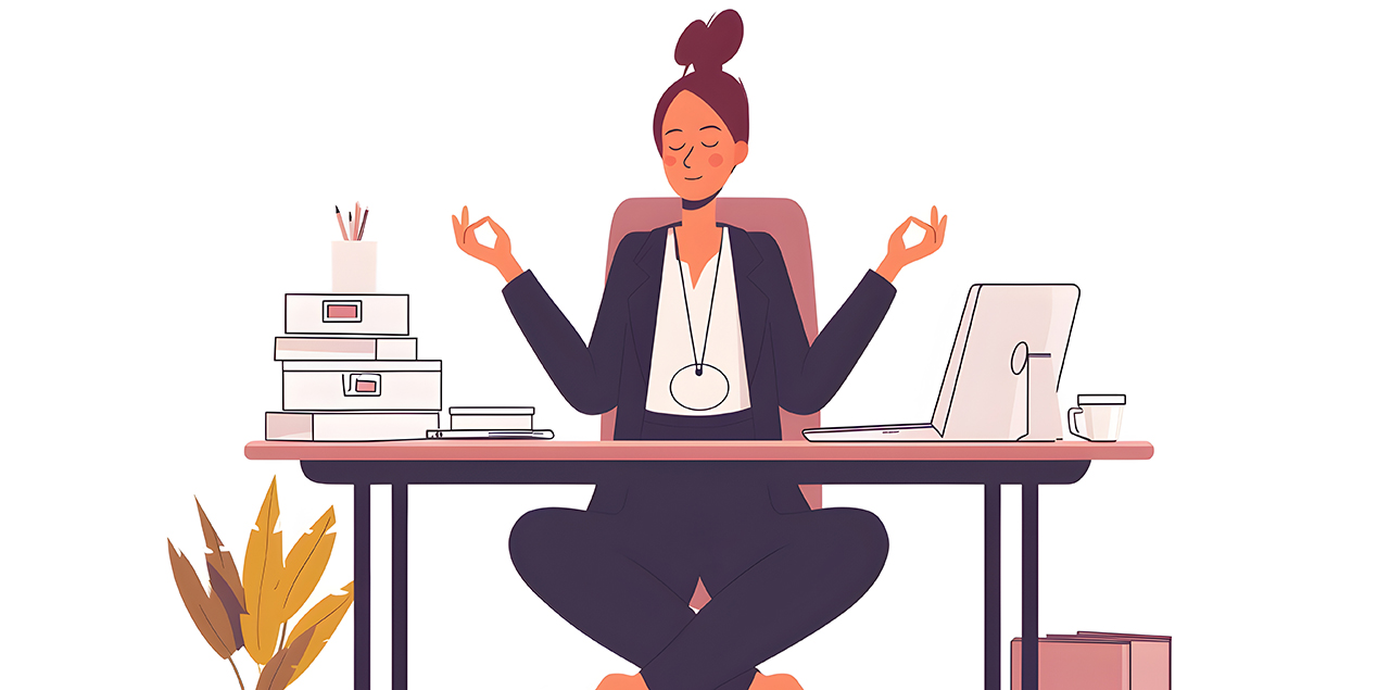 Young teacher sitting at desk doing yoga.