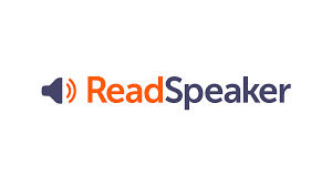 Readspeaker logo. It features a small megaphone with curved lines to the right indicating audio. the work read is orange and the word speaker is blue.